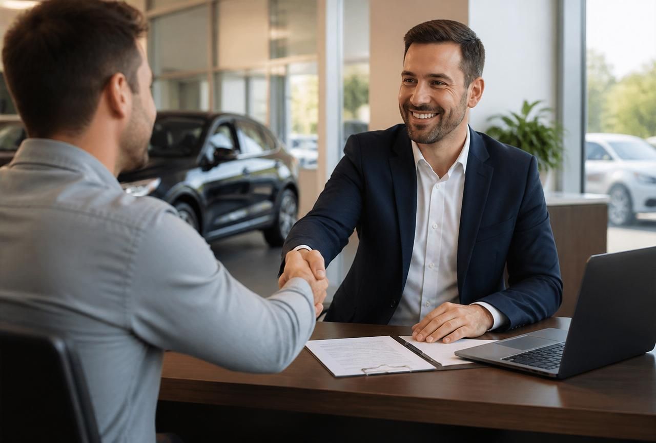 Customer and finance manager reviewing paperwork at Broussard Auto Group
