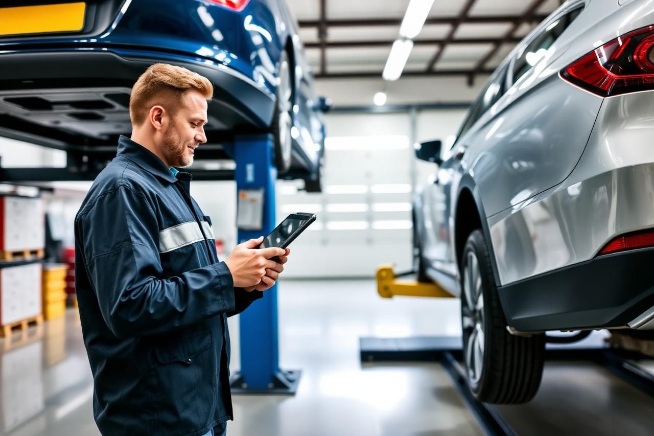 Technician inspecting a vehicle on a lift in the Broussard Auto Group service bay